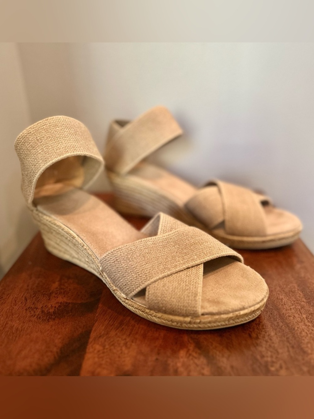 CHARLESTON SHOE CO. Tan Canvas Espadrille Wedge Sandals